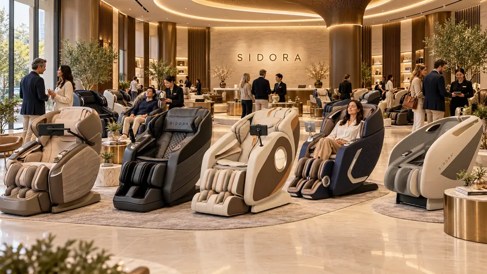 Konzeptvisualisierung eines SIDORA Showrooms mit Massagesesseln
